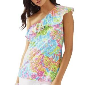 Lilly Pulitzer XXS Womens Neveah One Shoulder Ruffle Top Short Sleeve Multicolor